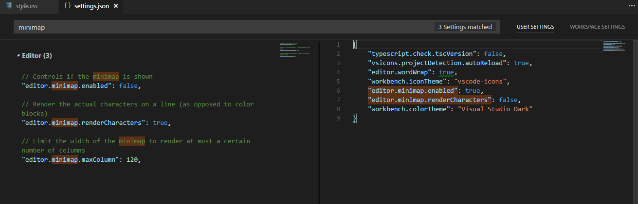 A list of minimap options in Visual Studio Code shown in the settings.json file.