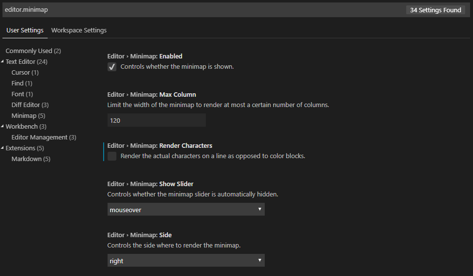 A list of minimap options in Visual Studio Code shown in the settings UI.